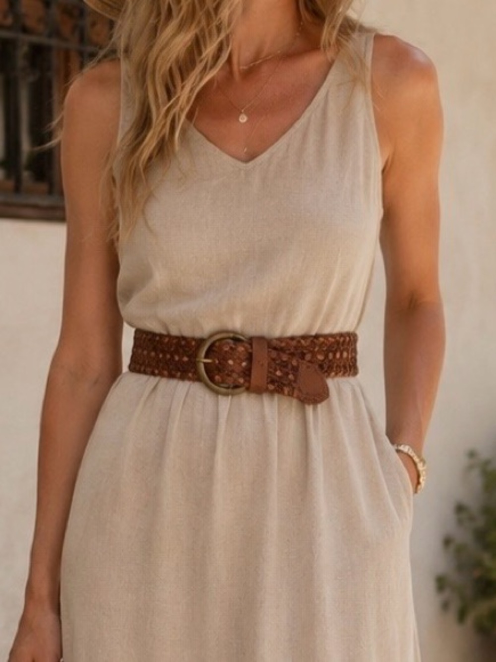 Woven belt, genuine leather, brown, size small